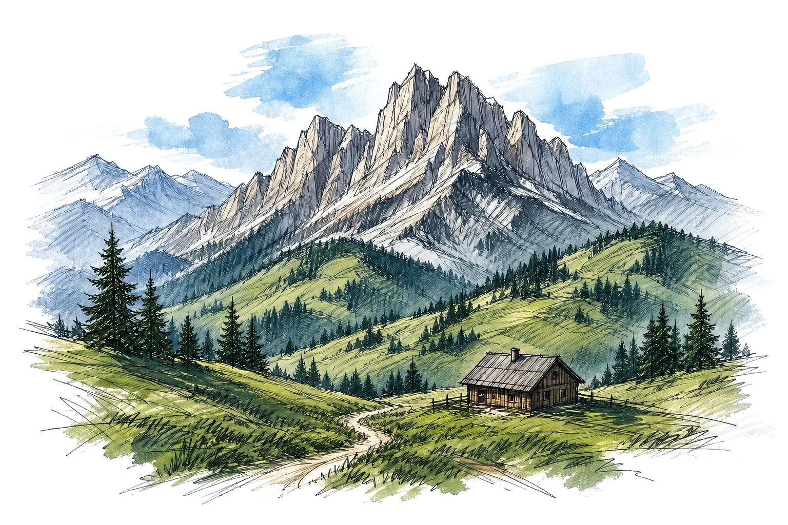 Gezeichnete Berglandschaft mit Almhütte, Wiesen und Nadelwald — Sinnbild für die Region Oststeiermark