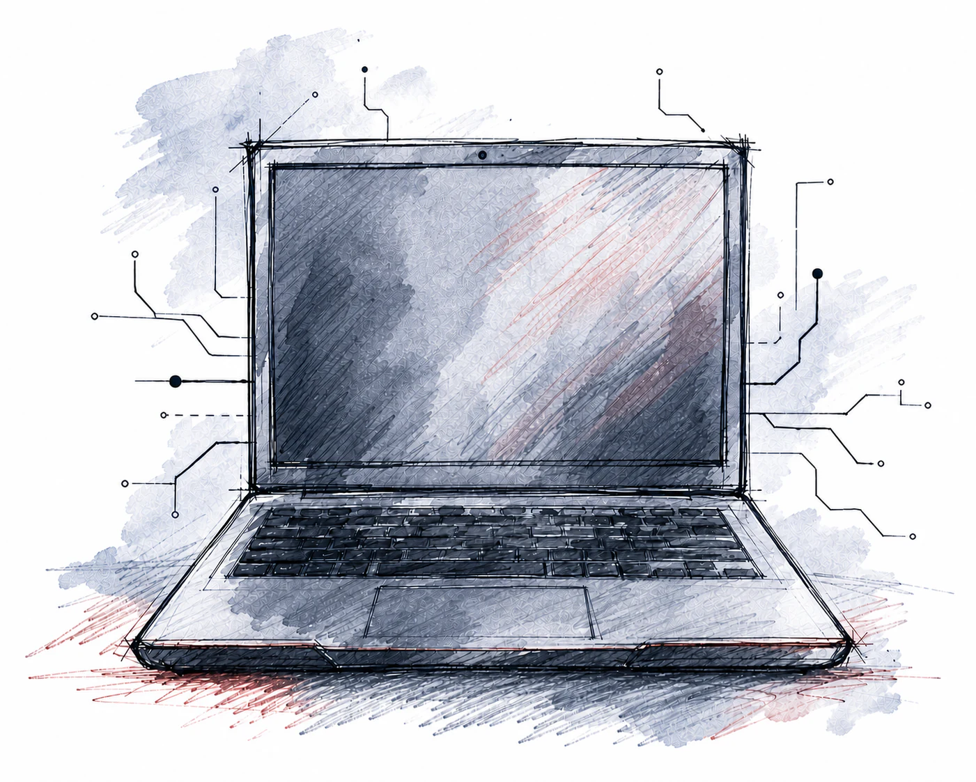 Technische Illustration eines Notebooks mit umliegenden Leiterbahnen