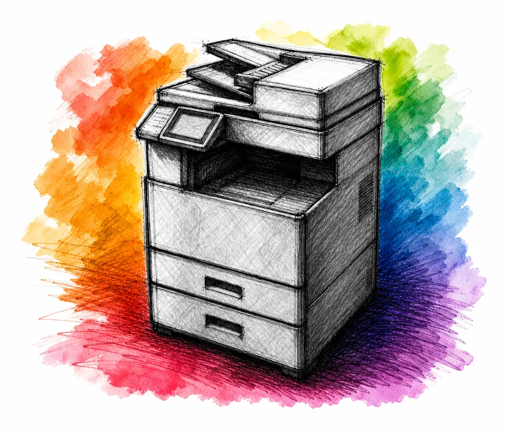 Handgezeichnetes Multifunktionsgerät vor einem farbenfrohen Aquarellhintergrund