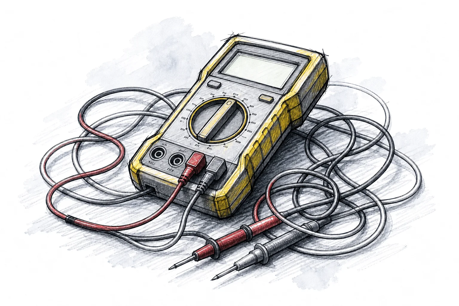 Gezeichnetes Multimeter mit Messleitungen als Sinnbild für IT in Elektrobetrieben