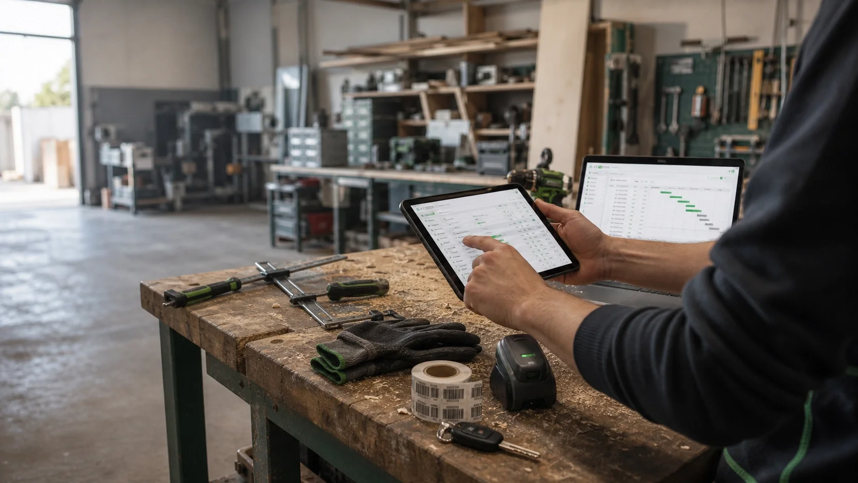 Handwerker mit Tablet in der Werkstatt – IT für Handwerksbetriebe von Krempl-IT