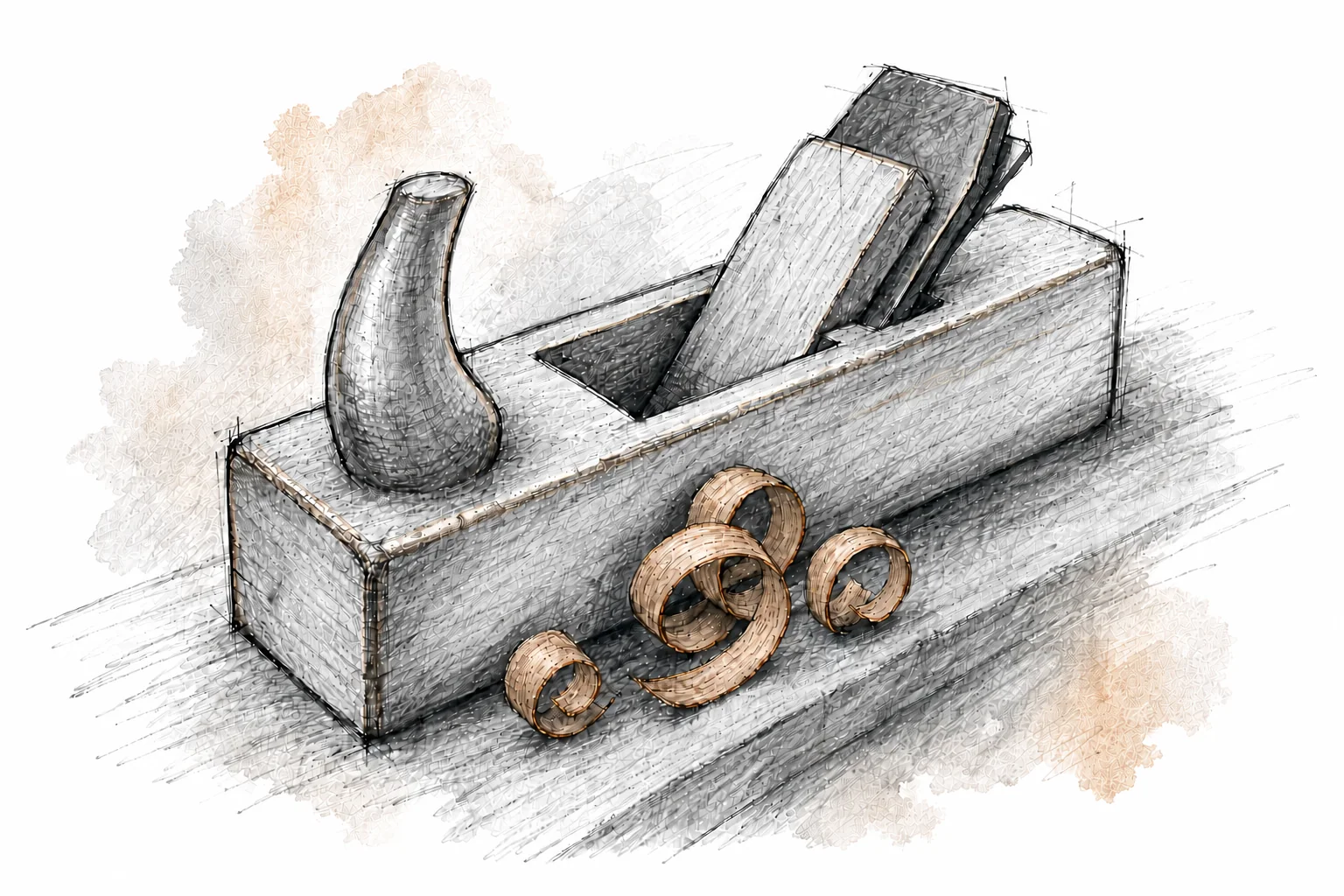 Handgezeichneter Holzhobel mit Hobelspänen vor grauem Aquarellhintergrund