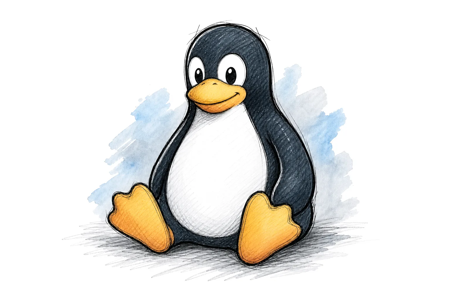 Handgezeichneter Linux-Pinguin Tux vor blauem Aquarellhintergrund
