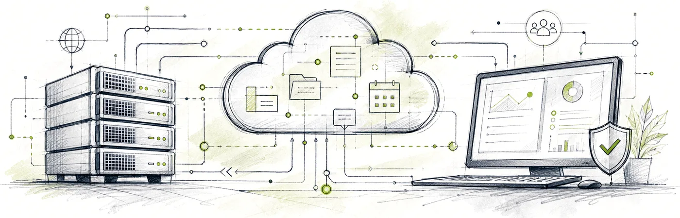 Skizze: Server-Rack, Cloud mit Dokumenten, Kalender und Freigaben sowie ein Arbeitsplatz mit Dashboard und Sicherheitsschild