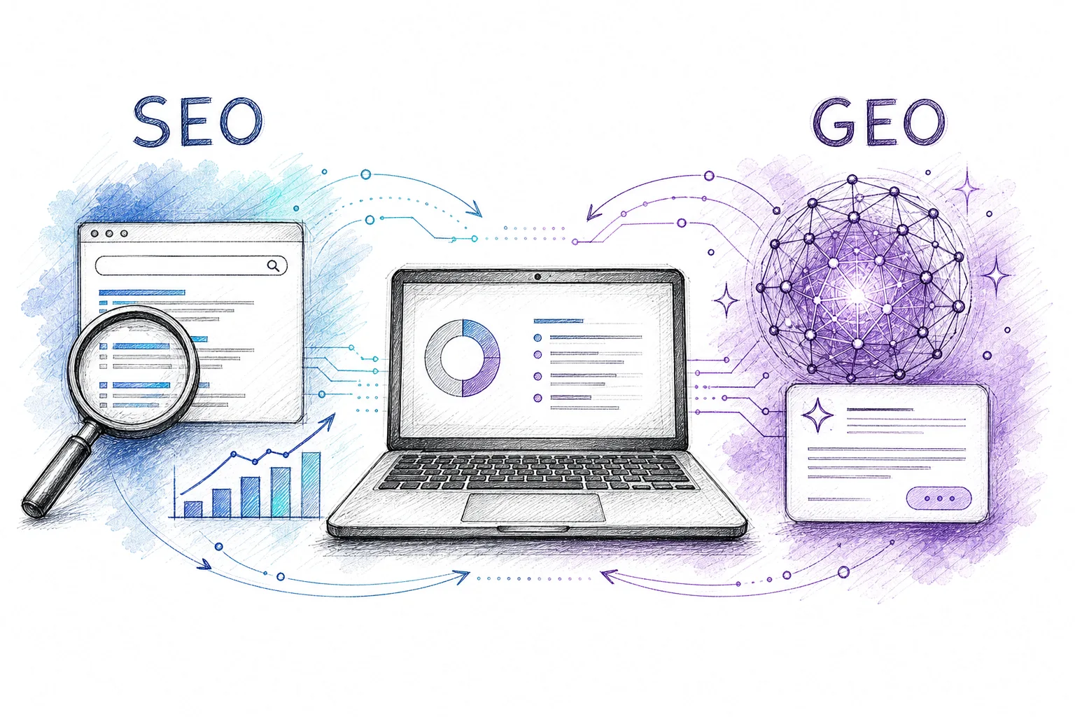 Skizze: links eine Suchmaschine mit Lupe und steigendem Balkendiagramm für SEO, rechts ein vernetztes Knotenmodell mit KI-Antwortkarte für GEO, dazwischen ein Laptop mit Auswertung