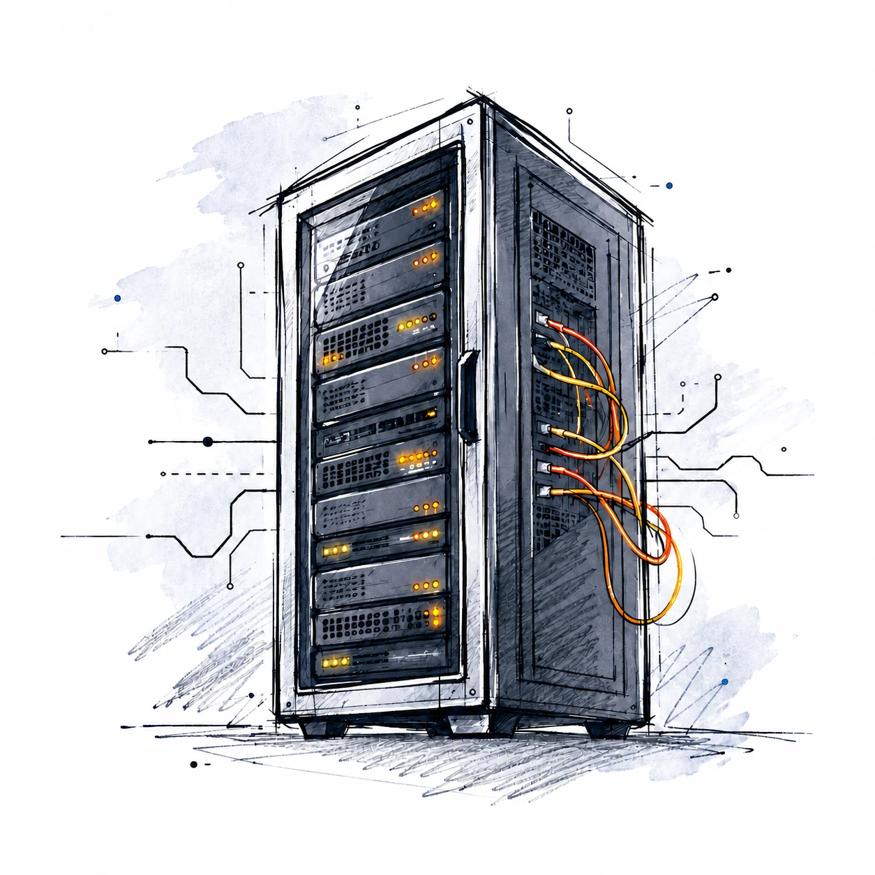 Illustration eines Serverschranks mit Netzwerkverkabelung