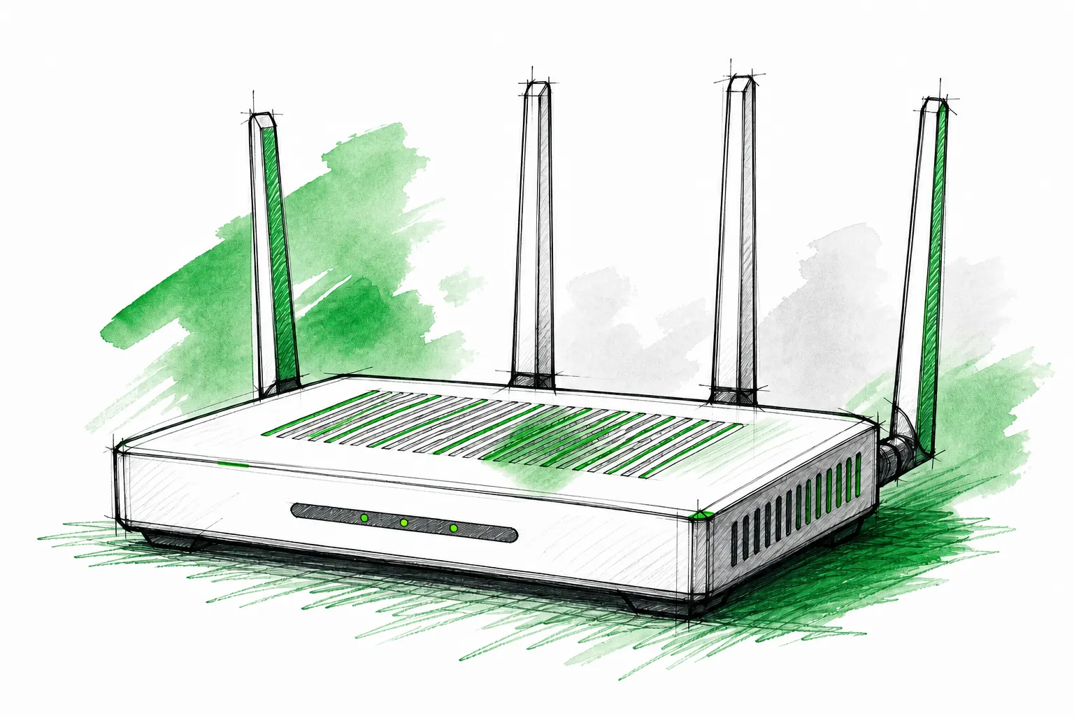 Handgezeichneter WLAN-Router mit vier aufgestellten Antennen vor grünem Aquarellhintergrund